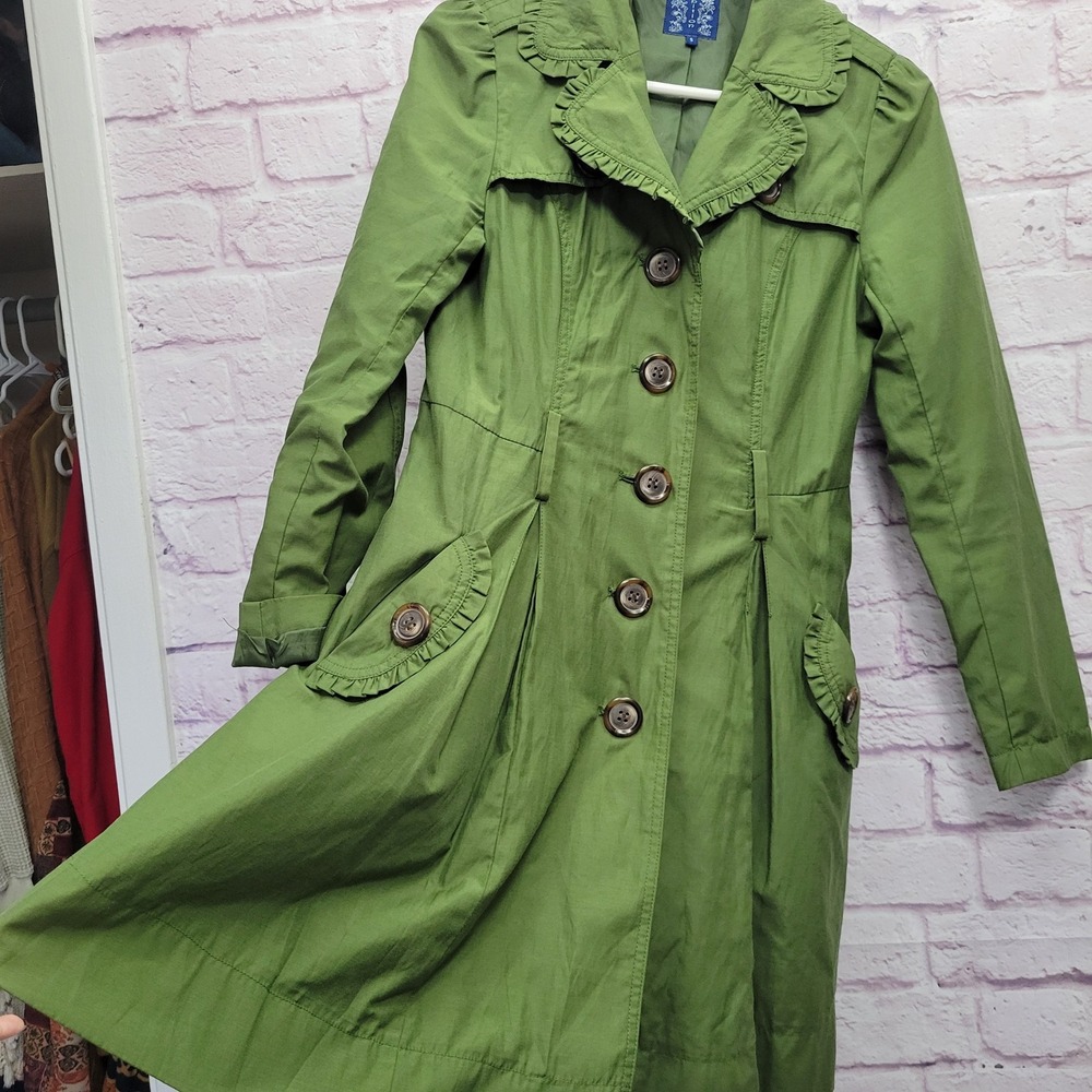 Ambition Green Trench Coat S Ruffle Collar Button Front‎ Cottagecore Preppy Chic - Picture 5 of 10
